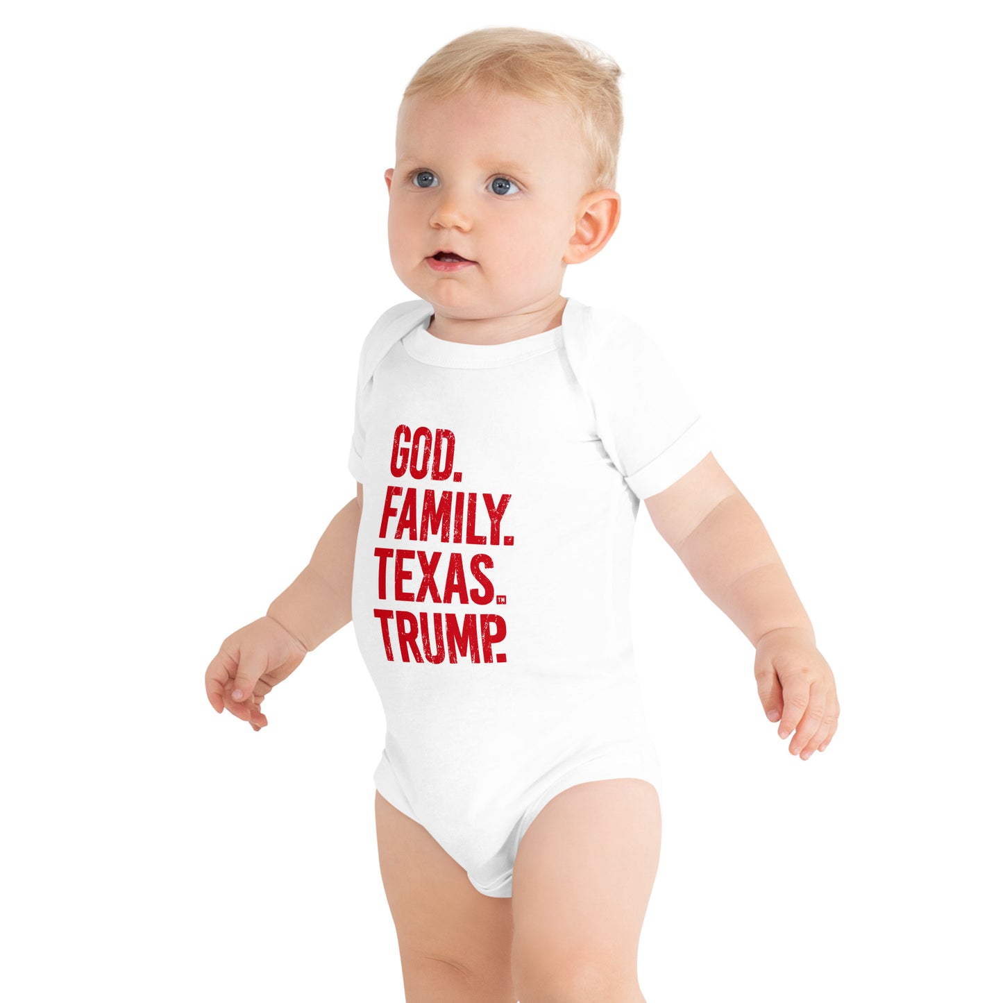God. Family. Texas. Trump. - Baby Short Sleeve Onesie