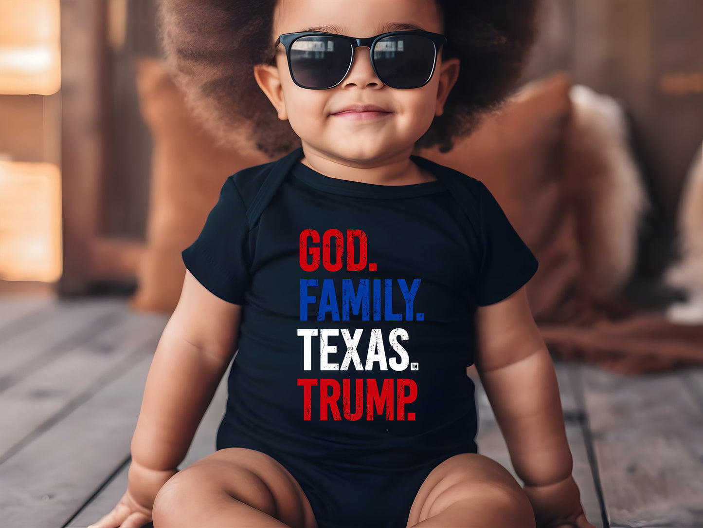 God. Family. Texas. Trump. Baby Short Sleeve Onesie - Black