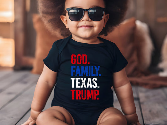 God. Family. Texas. Trump. Baby Short Sleeve Onesie - Black