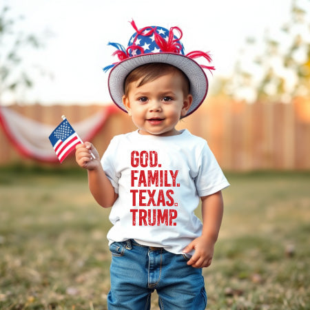 God. Family. Texas. Trump. Toddler Short Sleeve Tee - White