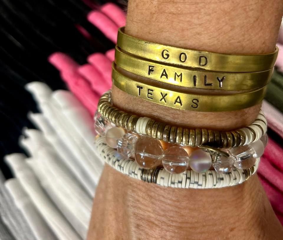 God. Family. Texas. Hand-stamped Metal Bracelets