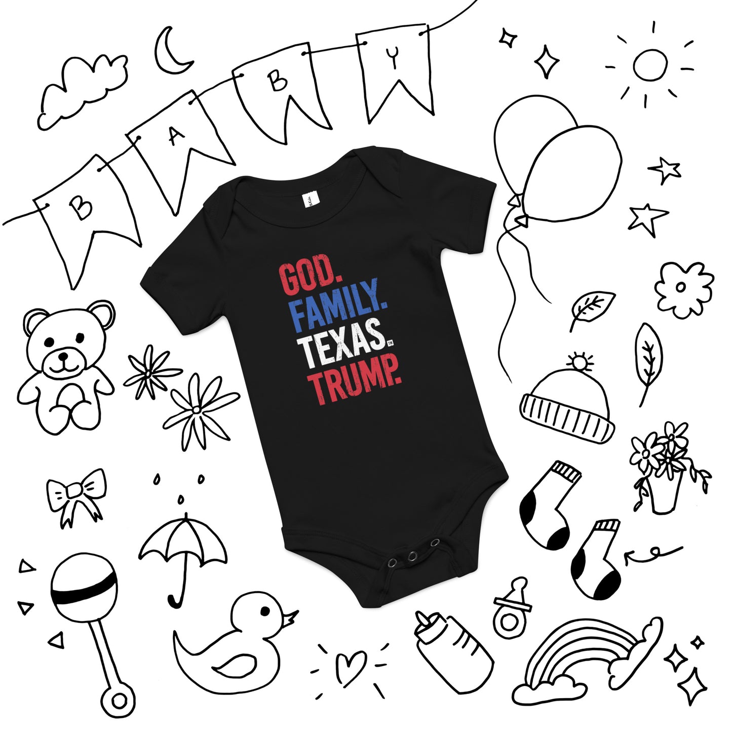 God. Family. Texas. Trump. Baby Short Sleeve Onesie - Black