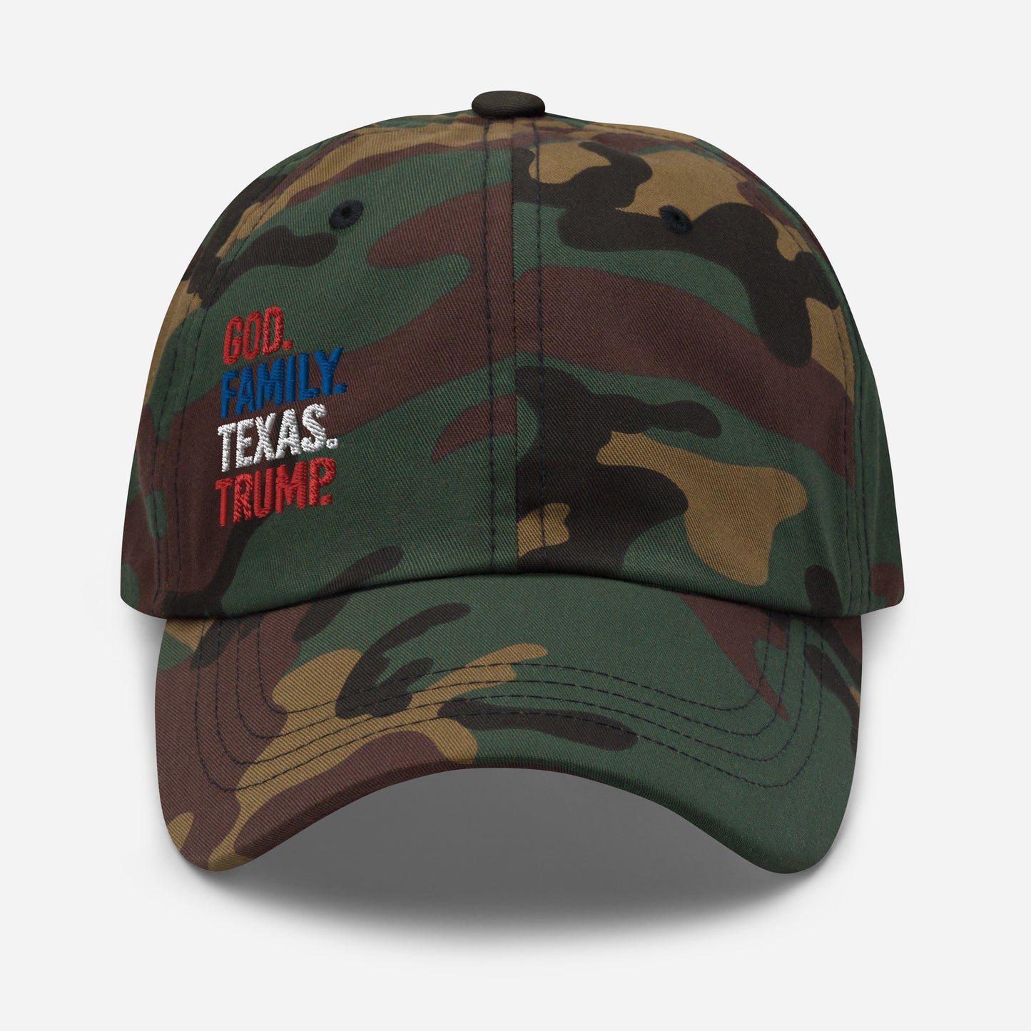 God. Family. Texas. Trump. Camo Dad Hat