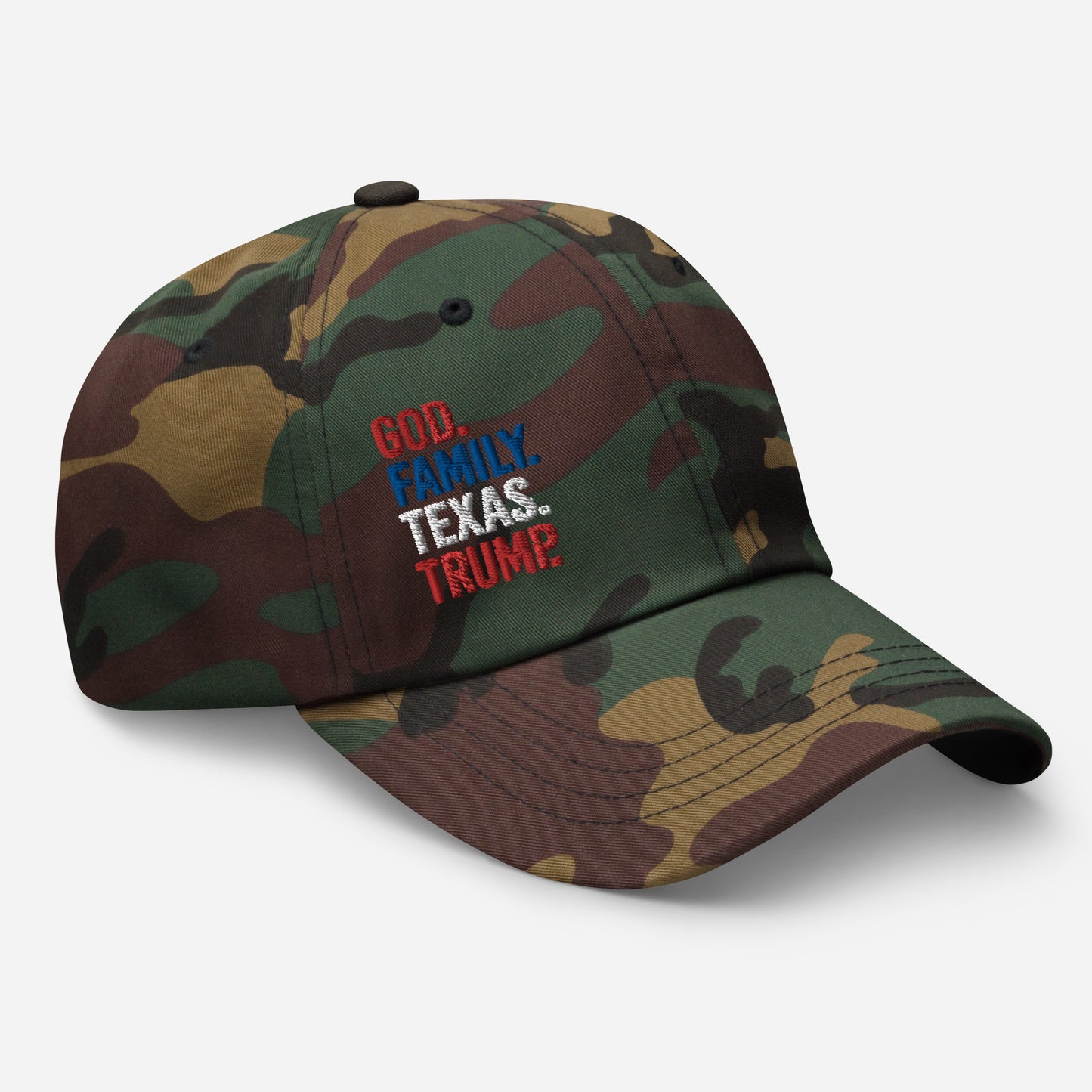 God. Family. Texas. Trump. Camo Dad Hat