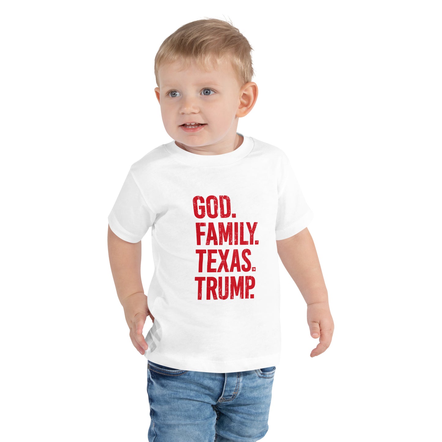 God. Family. Texas. Trump. Toddler Short Sleeve Tee - White