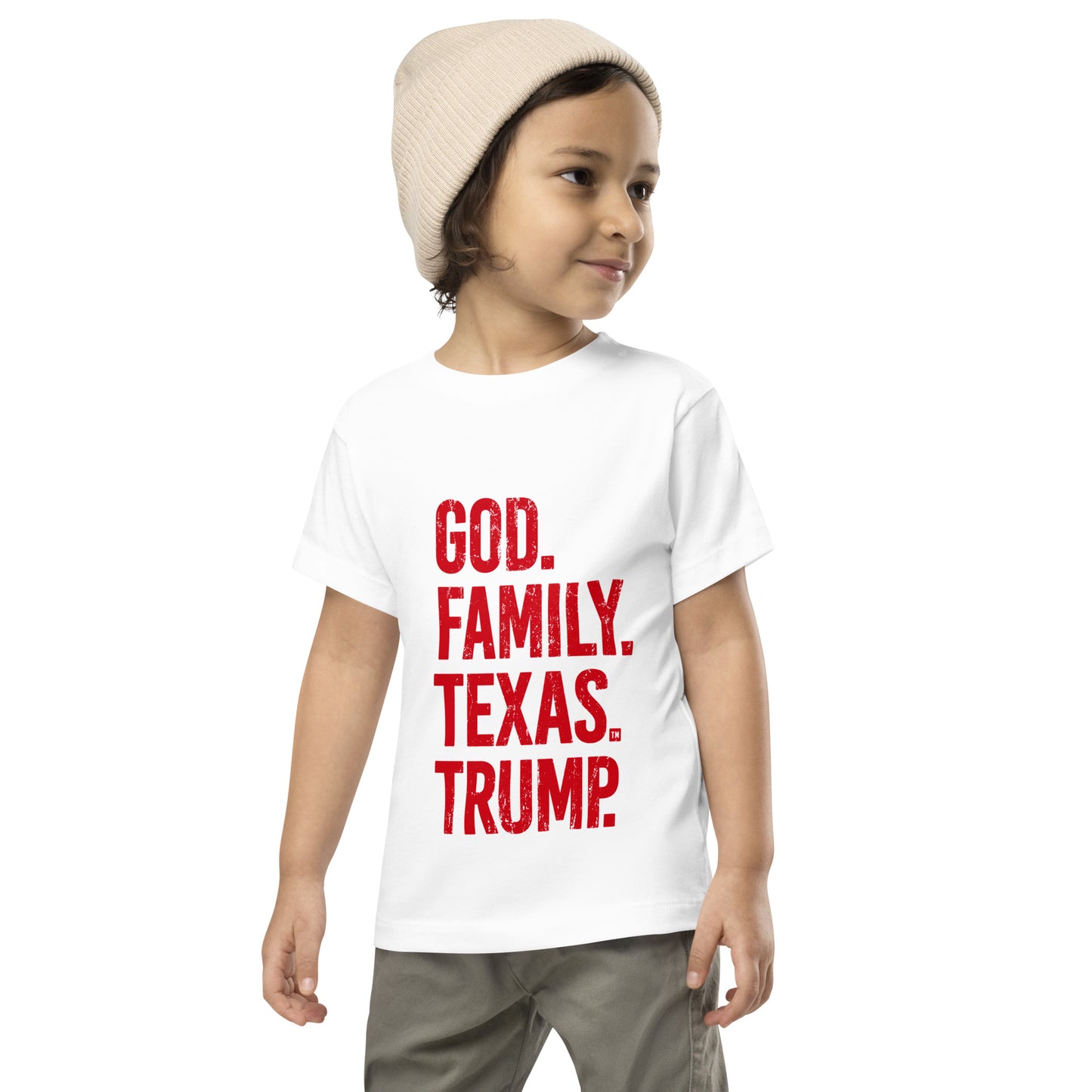 God. Family. Texas. Trump. Toddler Short Sleeve Tee - White