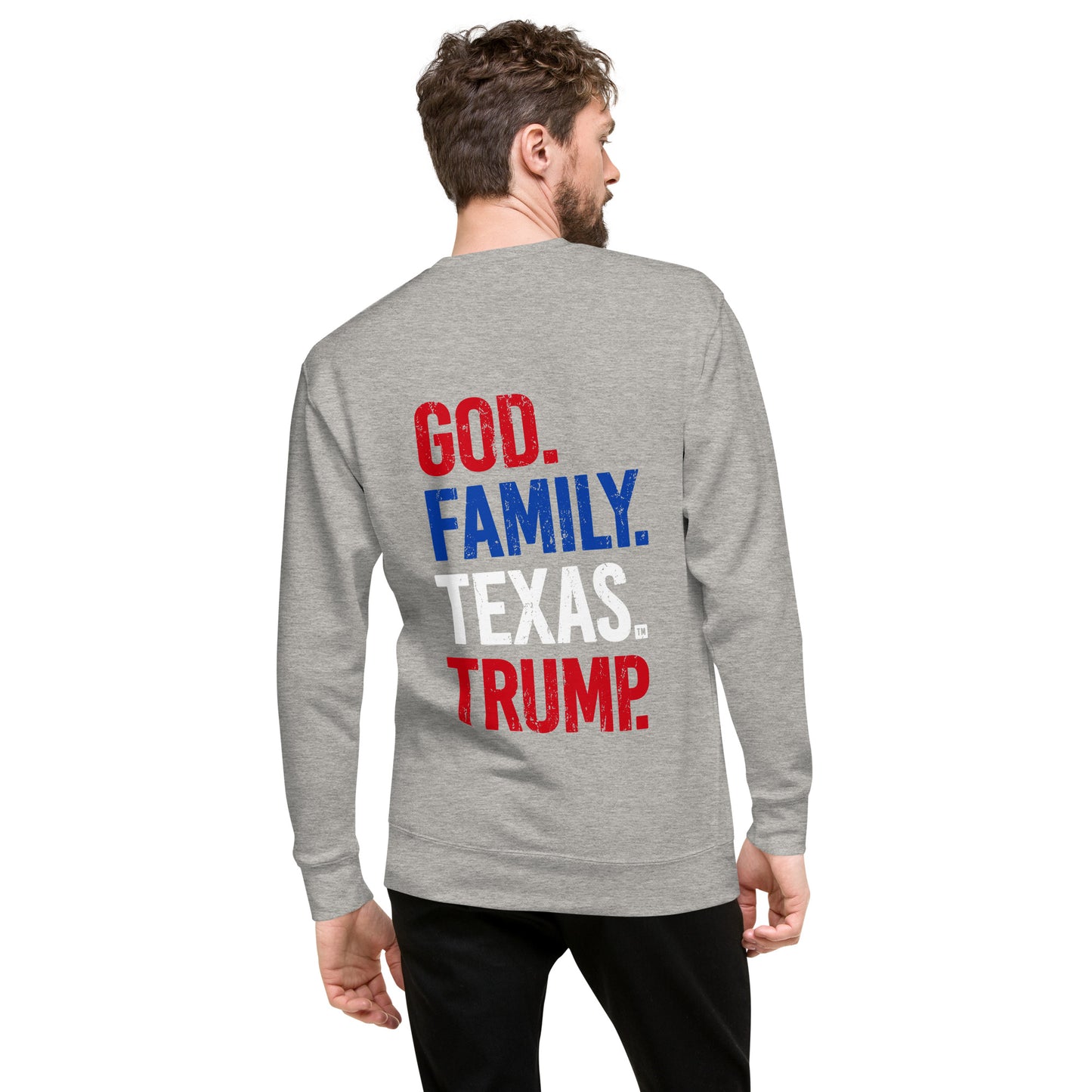 God. Family. Texas. Trump. Premium Sweatshirt - Men's Cobalt Gray