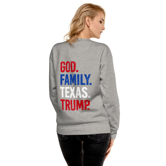 God. Family. Texas. Trump. Premium Sweatshirt - Women's Cobalt Gray