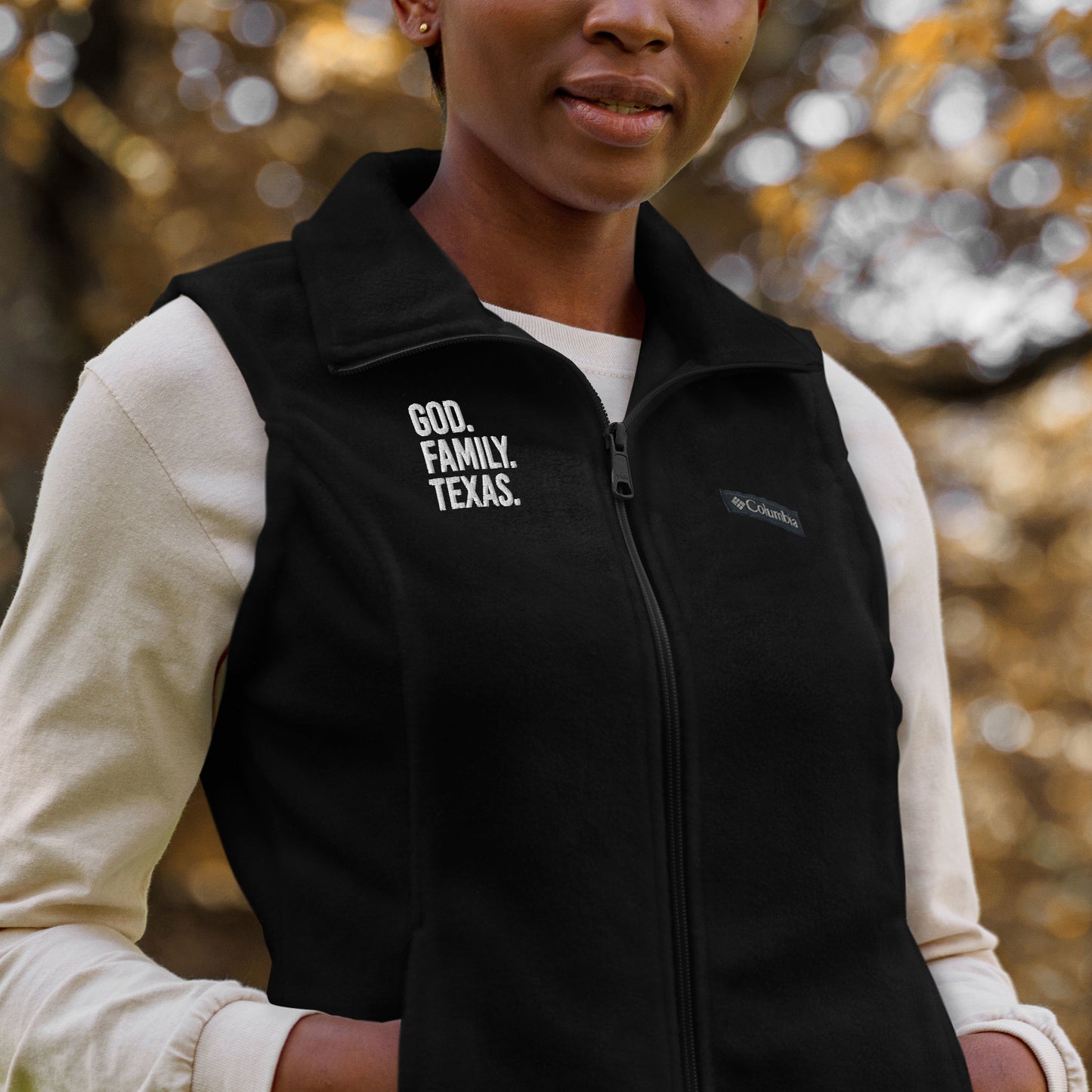 God. Family. Texas. Women’s Columbia Fleece Vest - Black